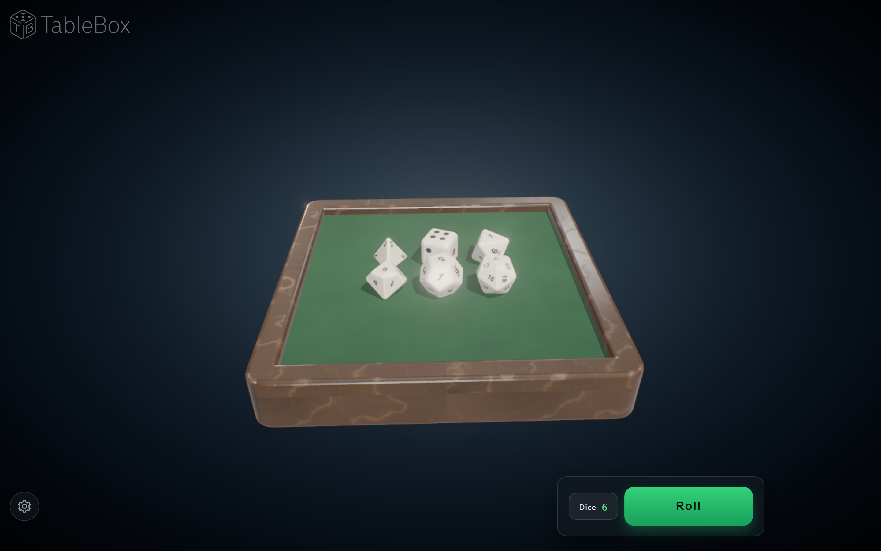 Dice on desktop: a tray with six dice from d4 to d20 ready to roll