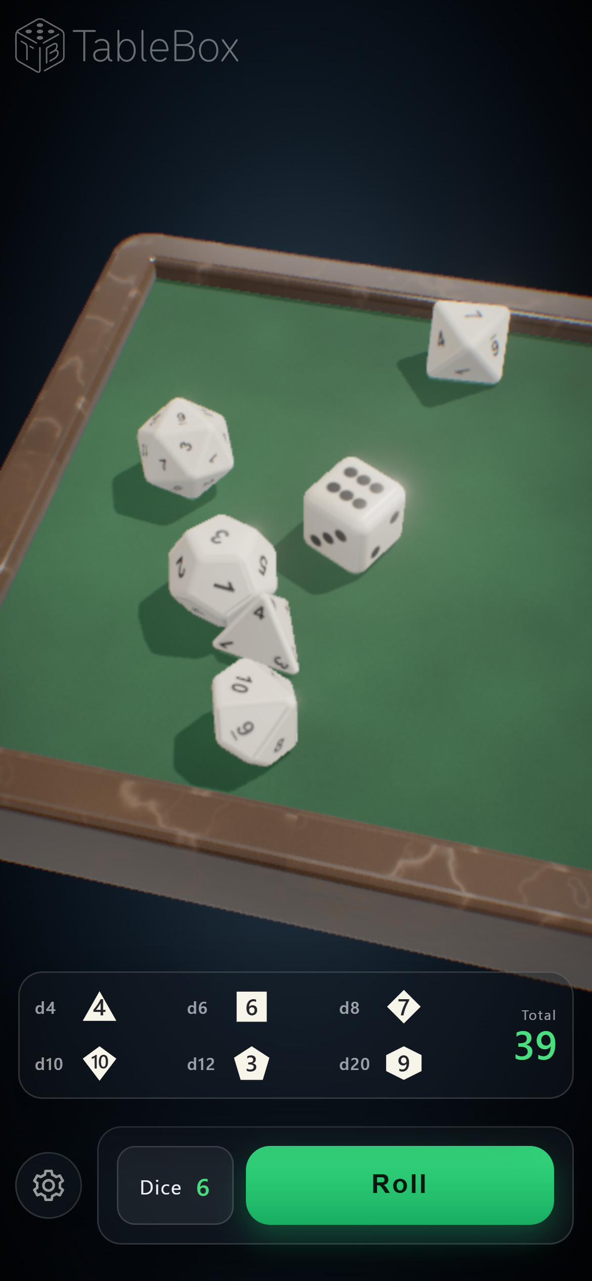 Dice on a phone: rolled dice and their total